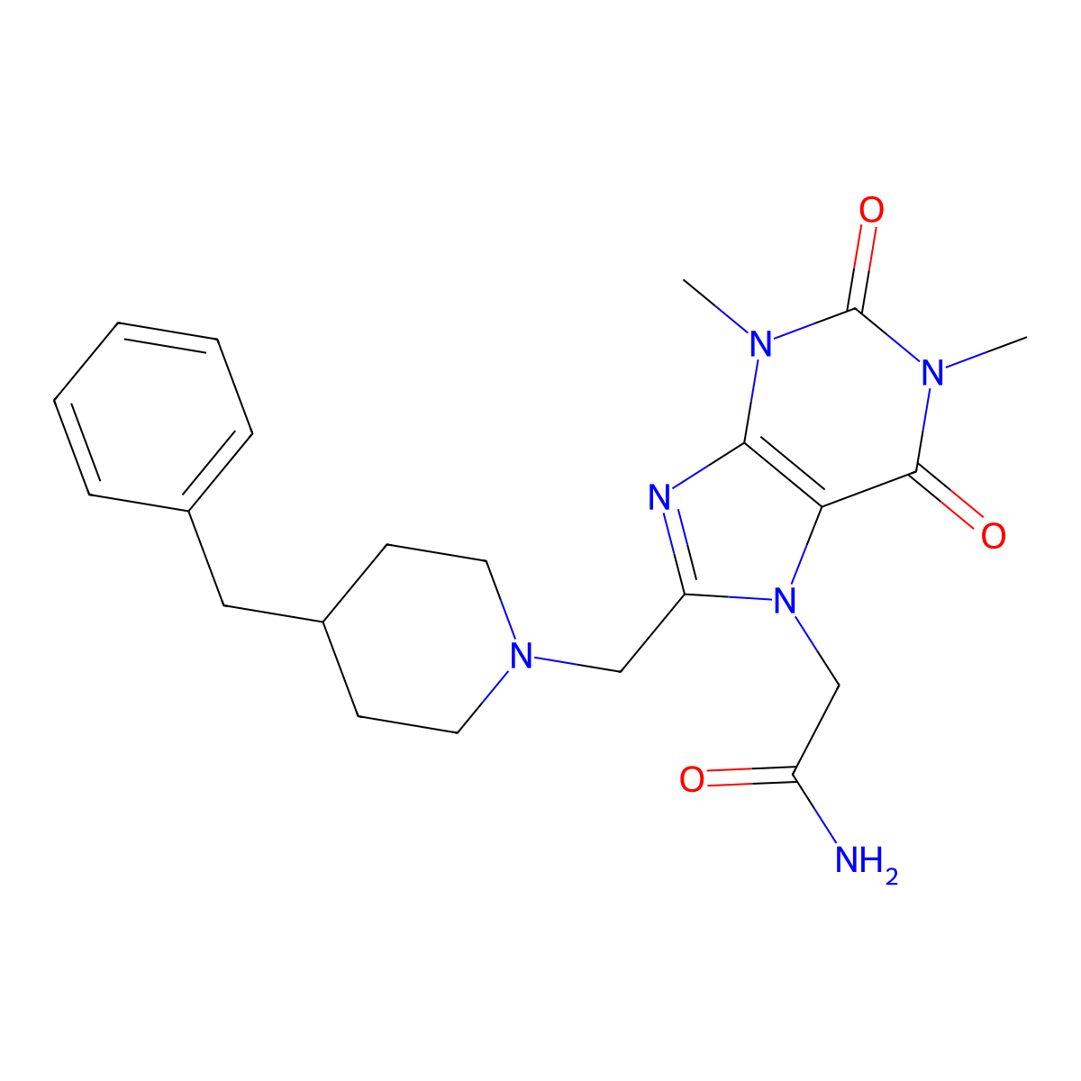 2-{8-[(4-benzylpiperidin-1-yl)methyl]-1,3-dimethyl-2,6-dioxo-1,2,3,6-tetrahydro-7H-purin-7-yl}acetamide molecular structure, CAS 851940-80-2