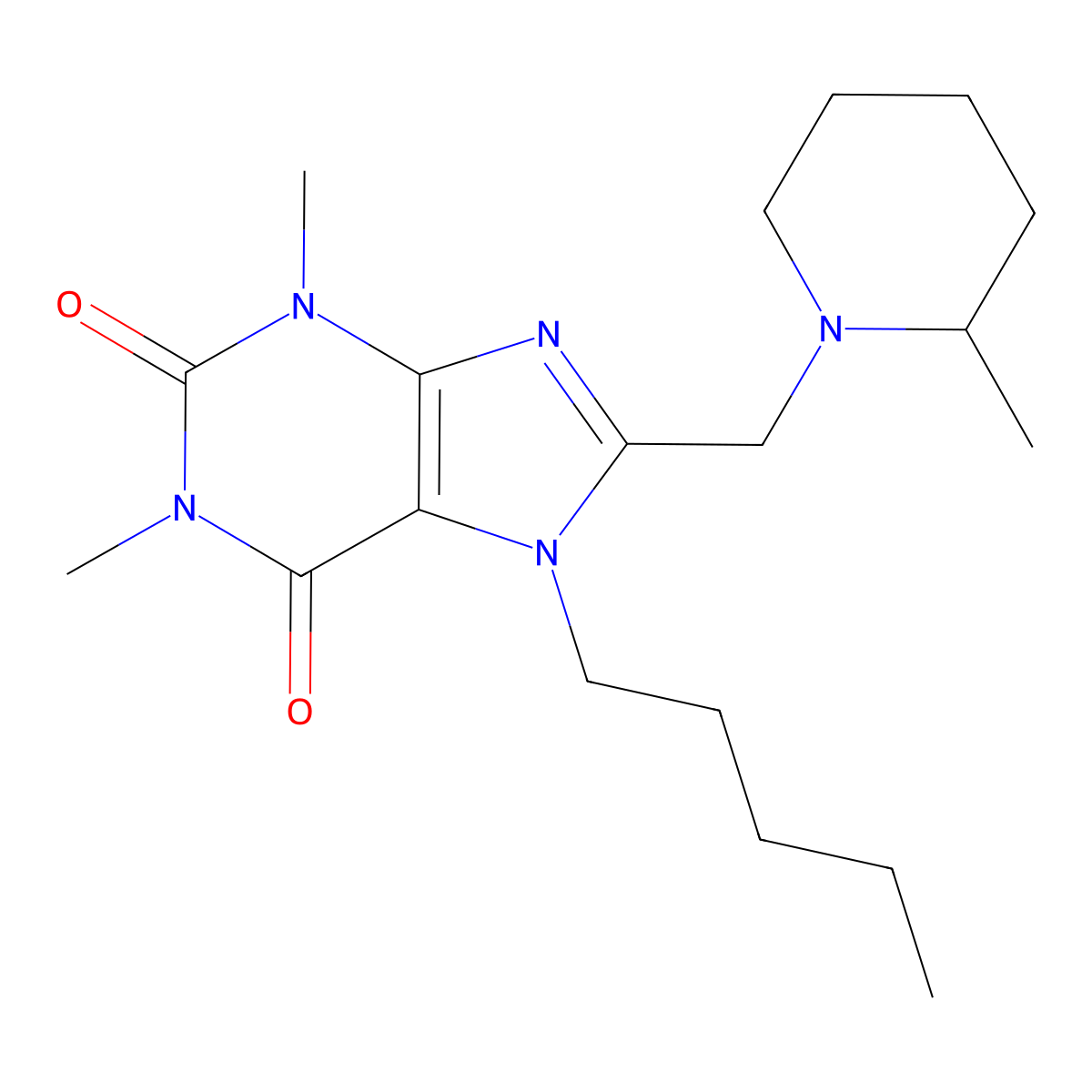 1,3-dimethyl-8-[(2-methylpiperidin-1-yl)methyl]-7-pentyl-3,7-dihydro-1H-purine-2,6-dione molecular structure, CAS 851940-94-8