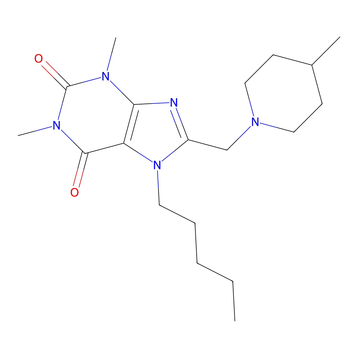 1,3-Dimethyl-8-[(4-methylpiperidin-1-yl)methyl]-7-pentylpurine-2,6-dione molecular structure, CAS 851940-95-9