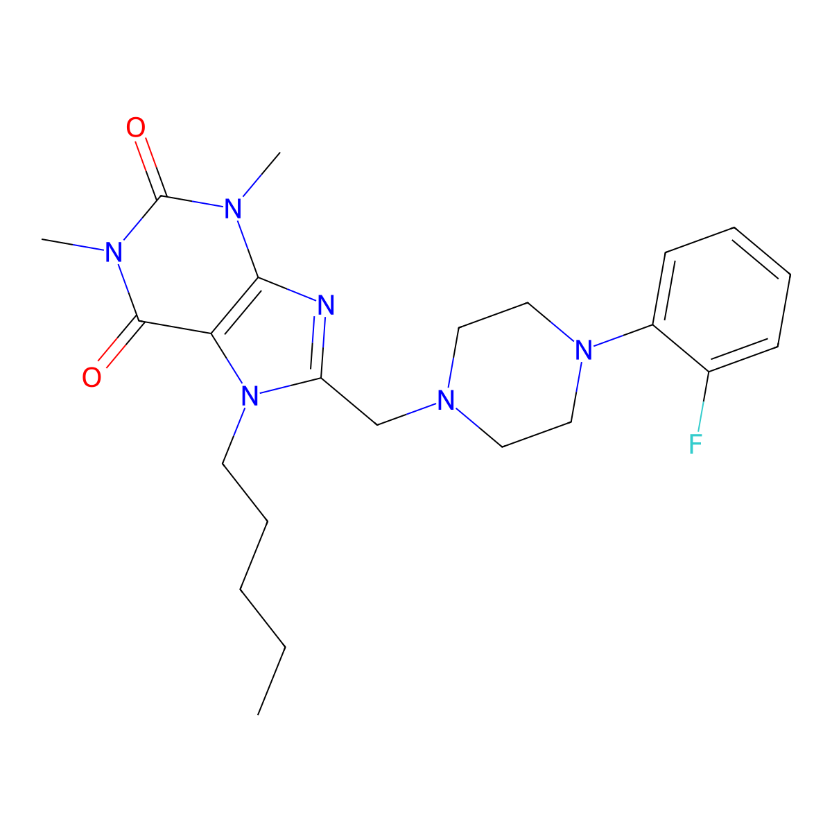 8-[[4-(2-Fluorophenyl)piperazin-1-yl]methyl]-1,3-dimethyl-7-pentylpurine-2,6-dione molecular structure, CAS 851941-05-4