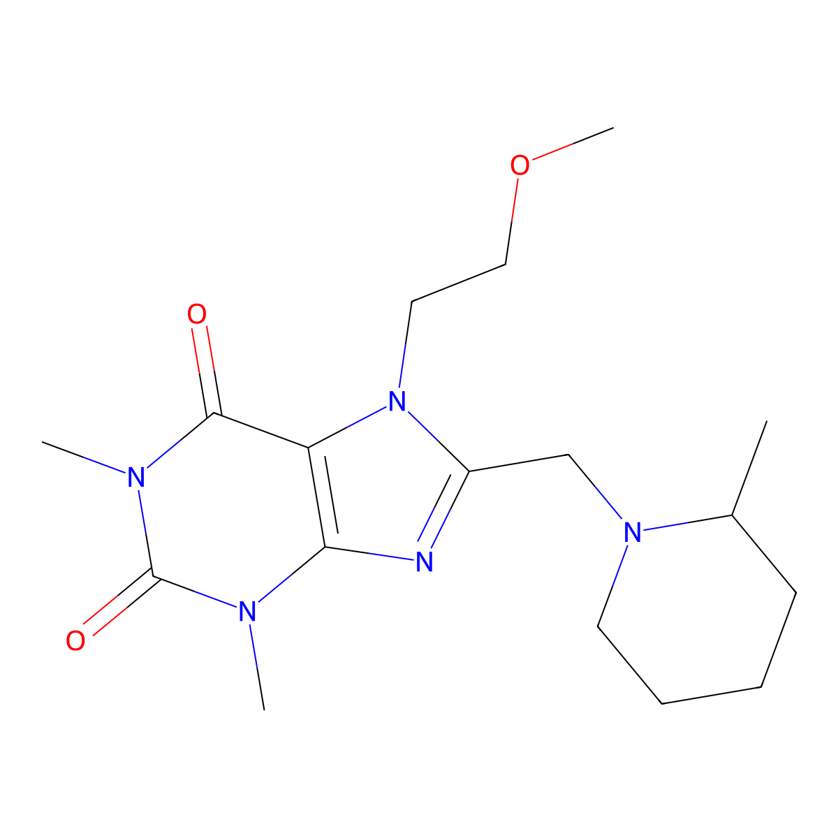 7-(2-methoxyethyl)-1,3-dimethyl-8-((2-methylpiperidin-1-yl)methyl)-1H-purine-2,6(3H,7H)-dione molecular structure, CAS 851941-11-2