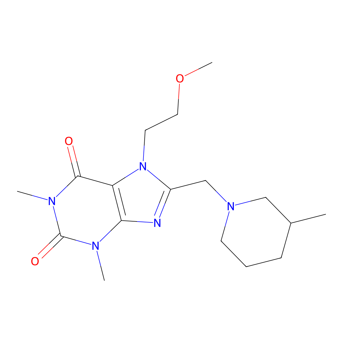 7-(2-Methoxyethyl)-1,3-dimethyl-8-[(3-methylpiperidin-1-yl)methyl]purine-2,6-dione molecular structure, CAS 851941-12-3