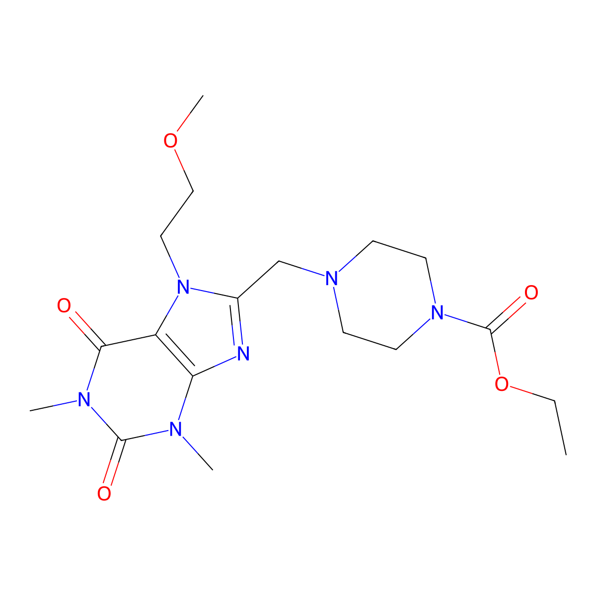 ethyl 4-{[7-(2-methoxyethyl)-1,3-dimethyl-2,6-dioxo-2,3,6,7-tetrahydro-1H-purin-8-yl]methyl}piperazine-1-carboxylate molecular structure, CAS 851941-14-5