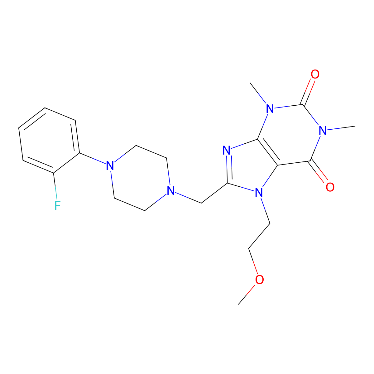 8-((4-(2-fluorophenyl)piperazin-1-yl)methyl)-7-(2-methoxyethyl)-1,3-dimethyl-1H-purine-2,6(3H,7H)-dione molecular structure, CAS 851941-16-7