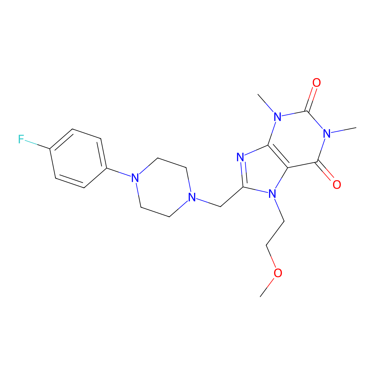 8-((4-(4-fluorophenyl)piperazin-1-yl)methyl)-7-(2-methoxyethyl)-1,3-dimethyl-1H-purine-2,6(3H,7H)-dione molecular structure, CAS 851941-17-8
