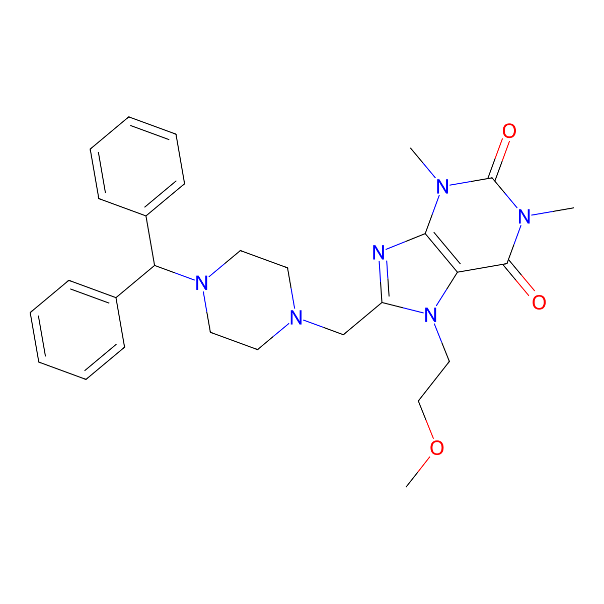 8-[(4-benzhydrylpiperazin-1-yl)methyl]-7-(2-methoxyethyl)-1,3-dimethyl-3,7-dihydro-1H-purine-2,6-dione molecular structure, CAS 851941-19-0