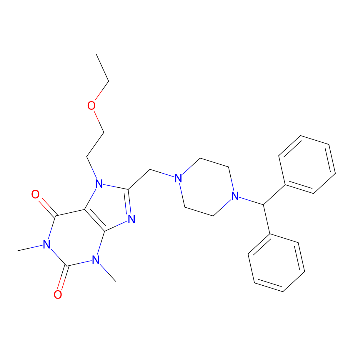 8-[(4-benzhydrylpiperazin-1-yl)methyl]-7-(2-ethoxyethyl)-1,3-dimethyl-3,7-dihydro-1H-purine-2,6-dione molecular structure, CAS 851941-37-2