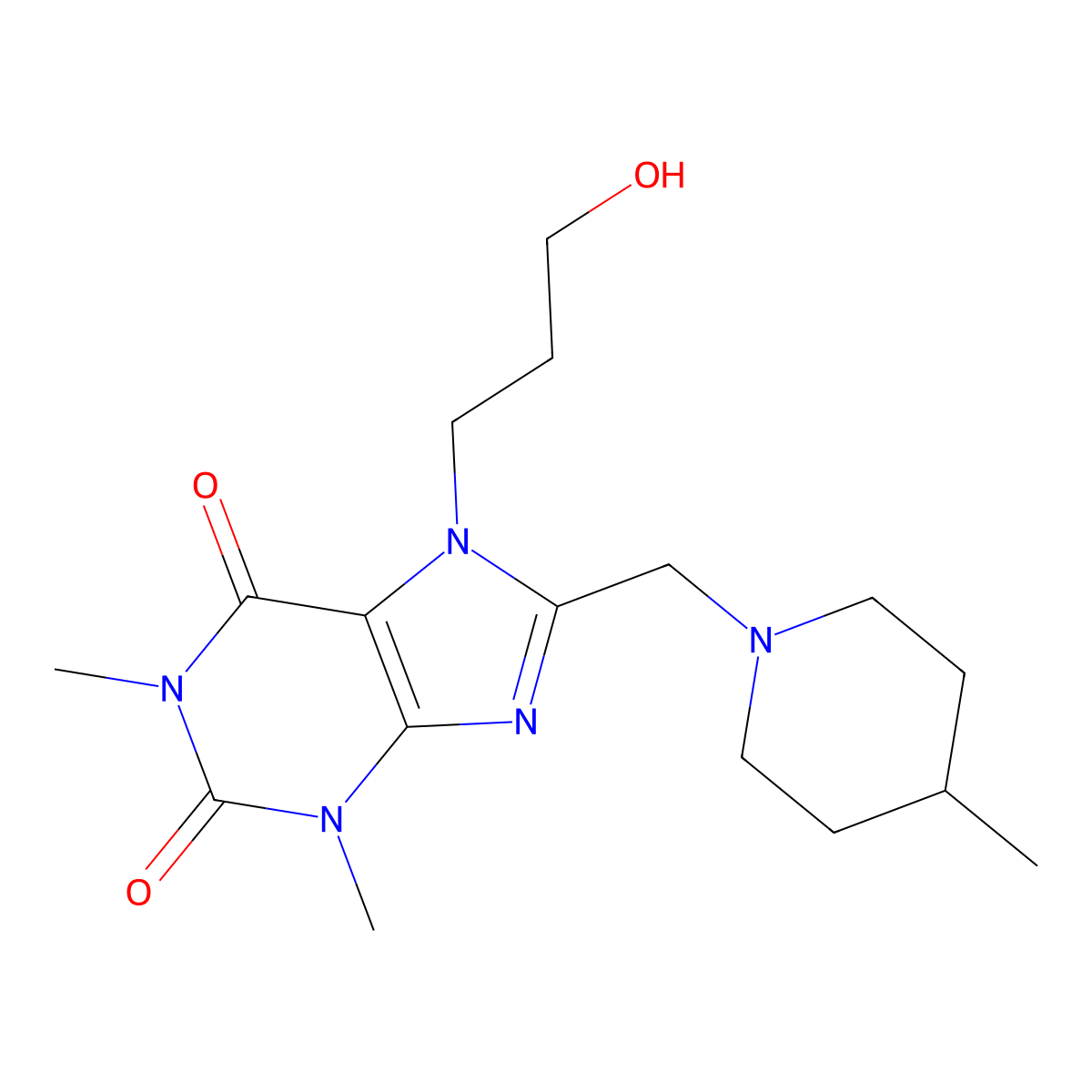 7-(3-hydroxypropyl)-1,3-dimethyl-8-[(4-methylpiperidin-1-yl)methyl]-3,7-dihydro-1H-purine-2,6-dione molecular structure, CAS 851941-43-0