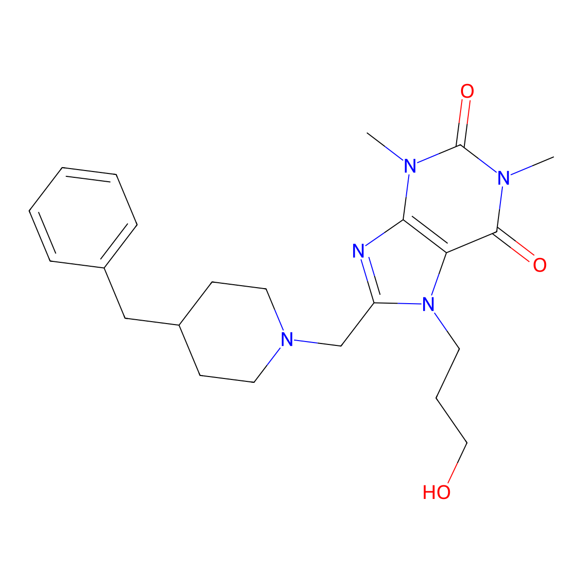 8-[(4-benzylpiperidin-1-yl)methyl]-7-(3-hydroxypropyl)-1,3-dimethyl-3,7-dihydro-1H-purine-2,6-dione molecular structure, CAS 851941-44-1