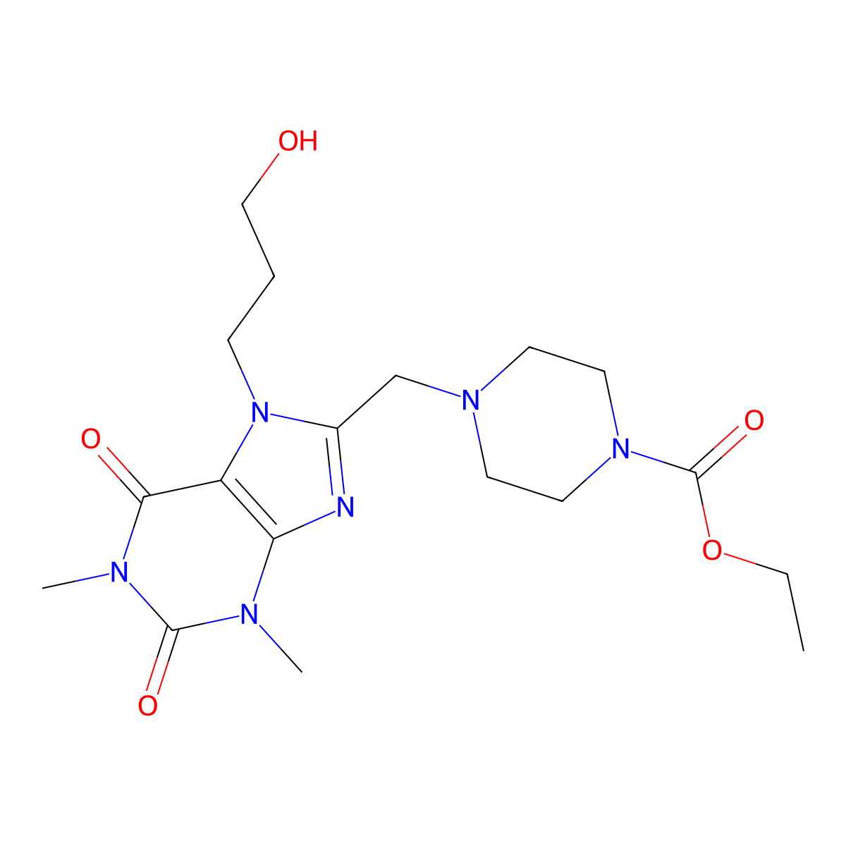 ethyl 4-{[7-(3-hydroxypropyl)-1,3-dimethyl-2,6-dioxo-2,3,6,7-tetrahydro-1H-purin-8-yl]methyl}piperazine-1-carboxylate molecular structure, CAS 851941-49-6