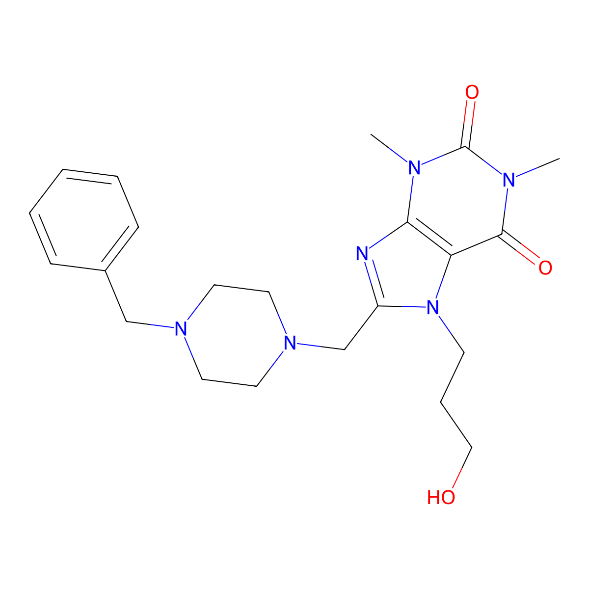 8-[(4-benzylpiperazin-1-yl)methyl]-7-(3-hydroxypropyl)-1,3-dimethyl-3,7-dihydro-1H-purine-2,6-dione molecular structure, CAS 851941-50-9