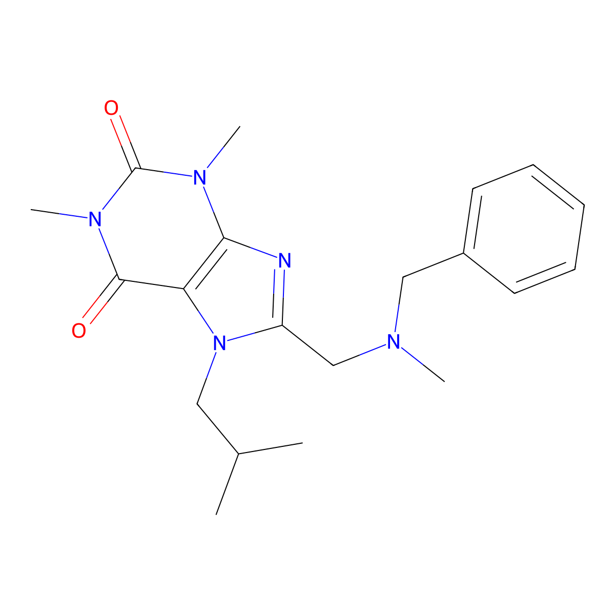 1,3-Dimethyl-8-[[methyl-(phenylmethyl)amino]methyl]-7-(2-methylpropyl)purine-2,6-dione molecular structure, CAS 851941-58-7