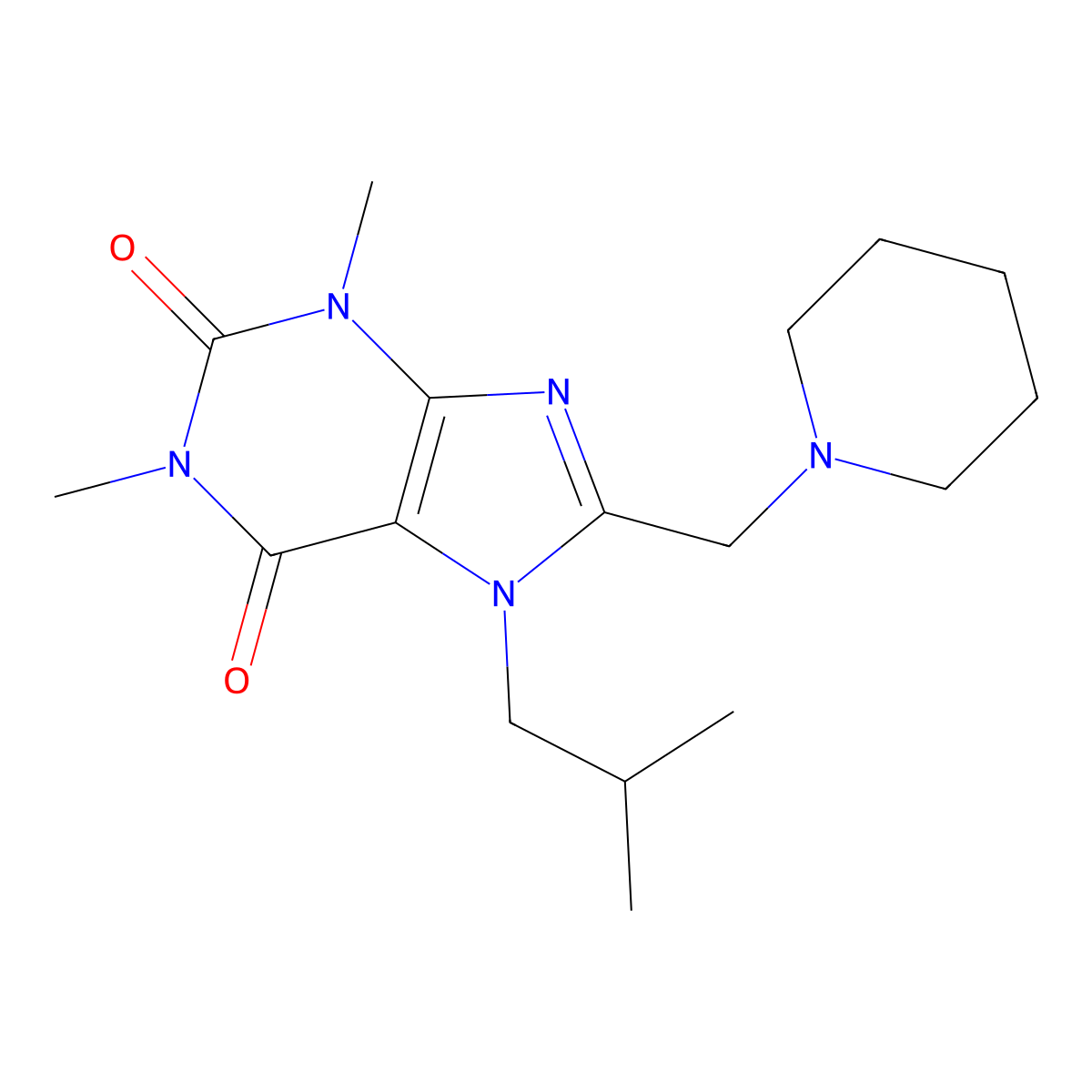 1,3-Dimethyl-7-(2-methylpropyl)-8-(piperidin-1-ylmethyl)purine-2,6-dione molecular structure, CAS 851941-59-8