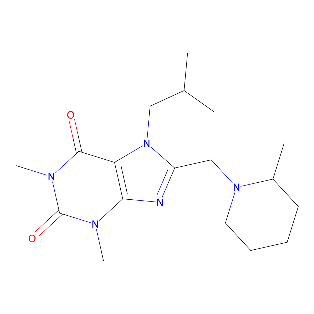 1,3-Dimethyl-8-[(2-methylpiperidin-1-yl)methyl]-7-(2-methylpropyl)purine-2,6-dione molecular structure, CAS 851941-60-1