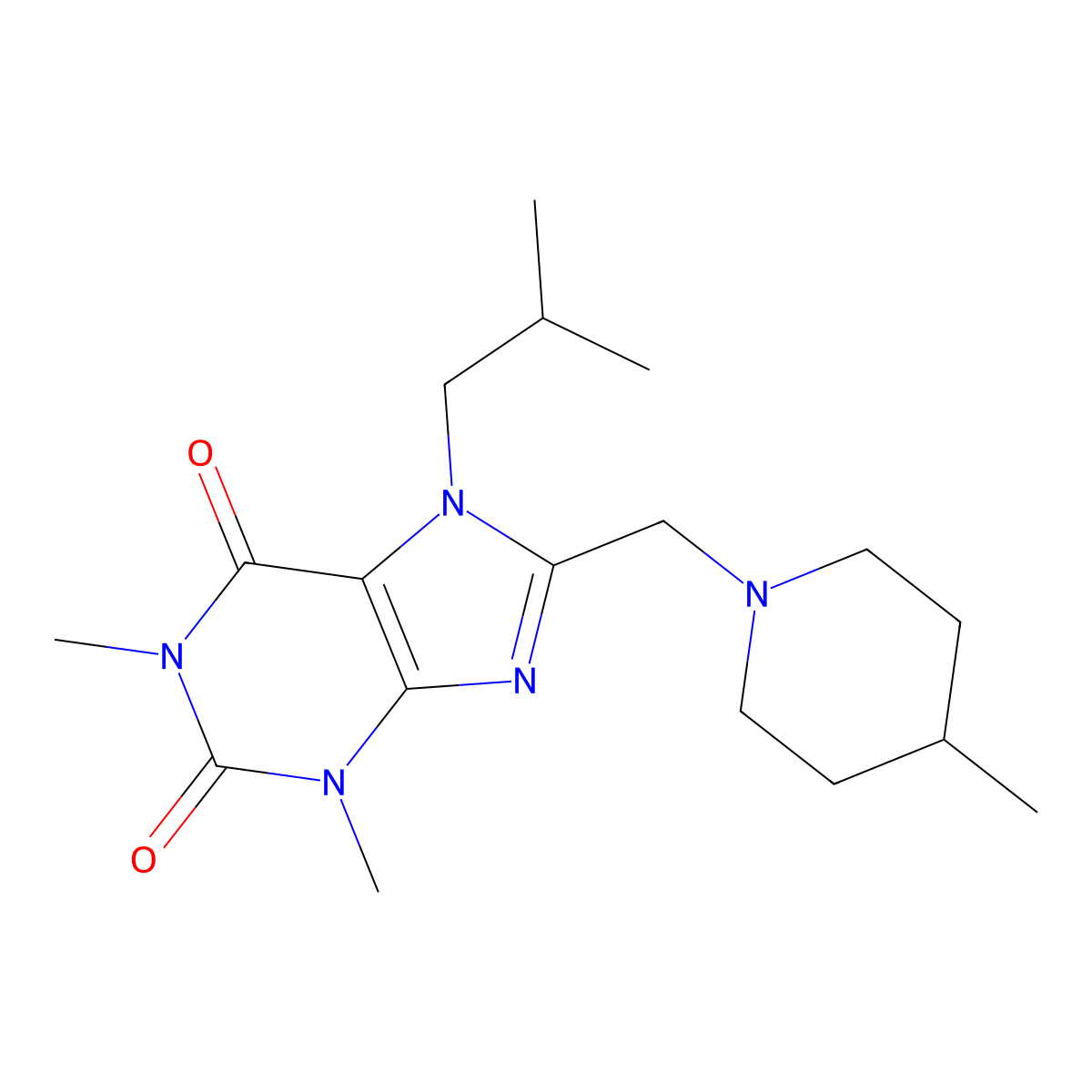 1,3-Dimethyl-8-[(4-methylpiperidin-1-yl)methyl]-7-(2-methylpropyl)purine-2,6-dione molecular structure, CAS 851941-62-3