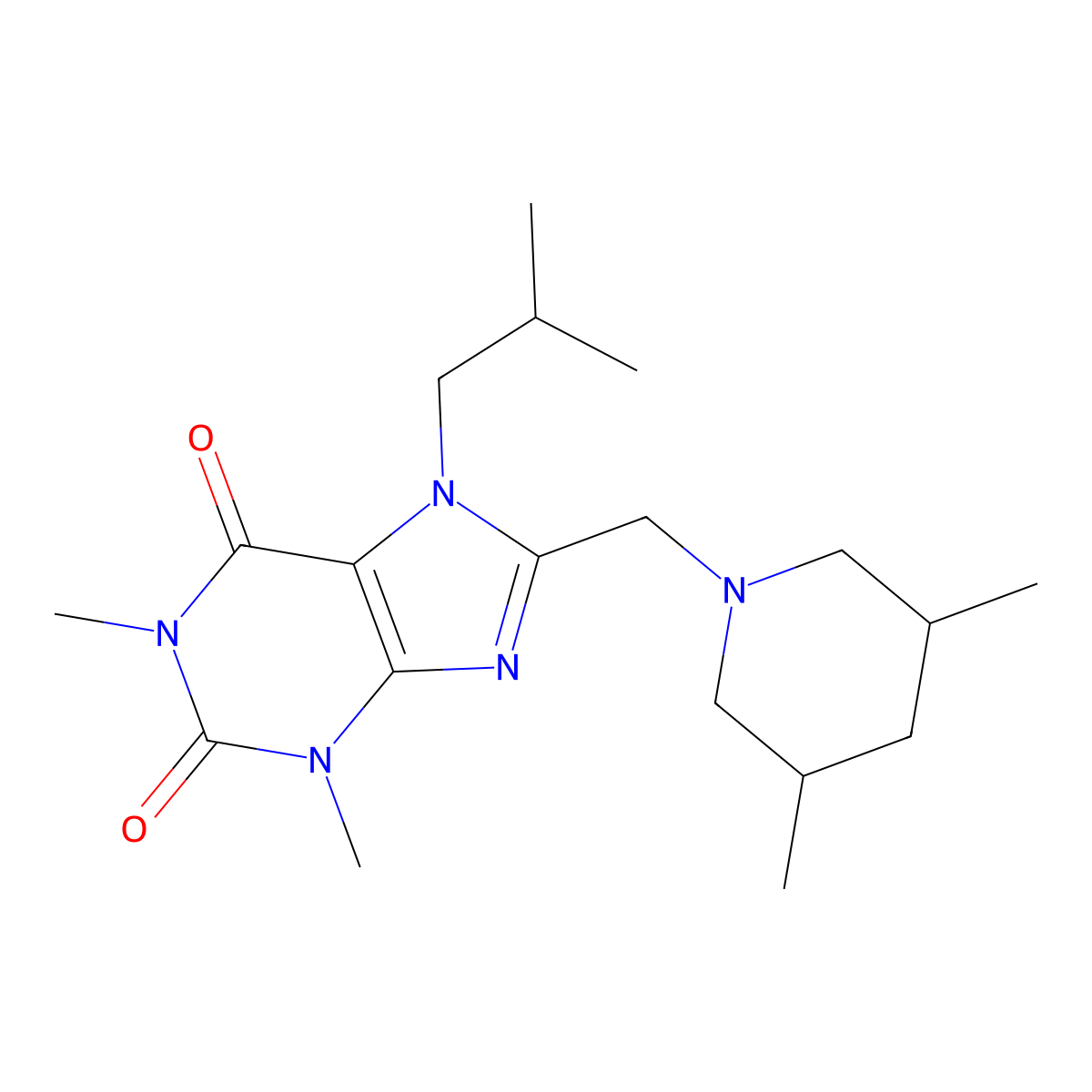 8-[(3,5-Dimethylpiperidin-1-yl)methyl]-1,3-dimethyl-7-(2-methylpropyl)purine-2,6-dione molecular structure, CAS 851941-64-5
