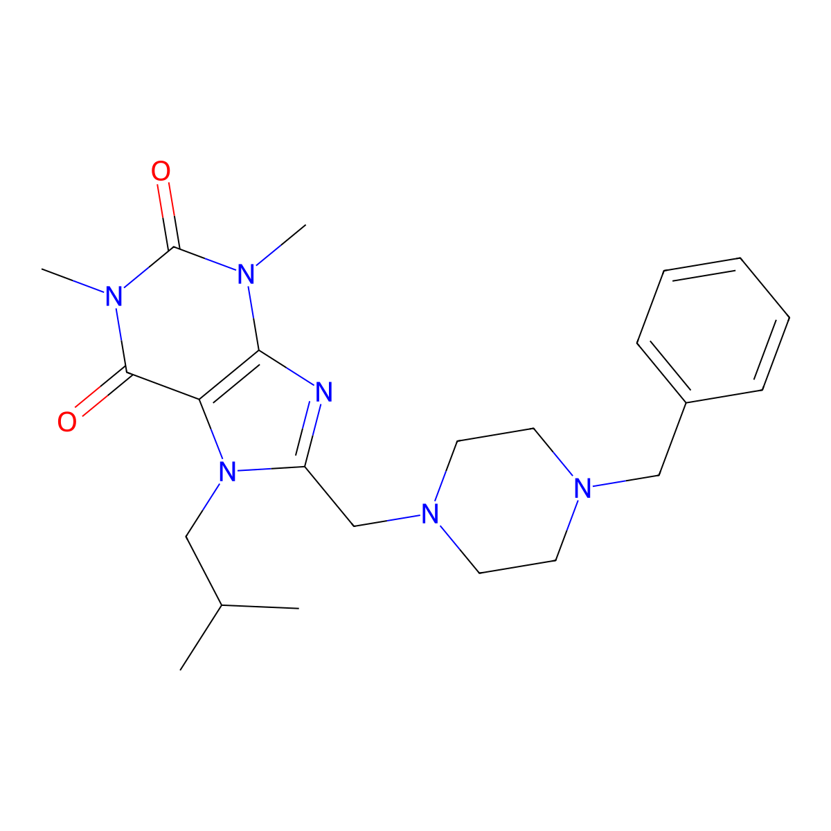 8-[(4-Benzylpiperazin-1-yl)methyl]-1,3-dimethyl-7-(2-methylpropyl)purine-2,6-dione molecular structure, CAS 851941-68-9
