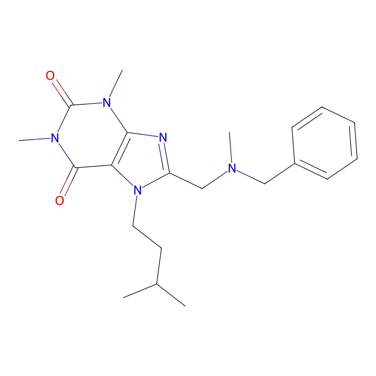 8-[[Benzyl(methyl)amino]methyl]-1,3-dimethyl-7-(3-methylbutyl)purine-2,6-dione molecular structure, CAS 851941-75-8