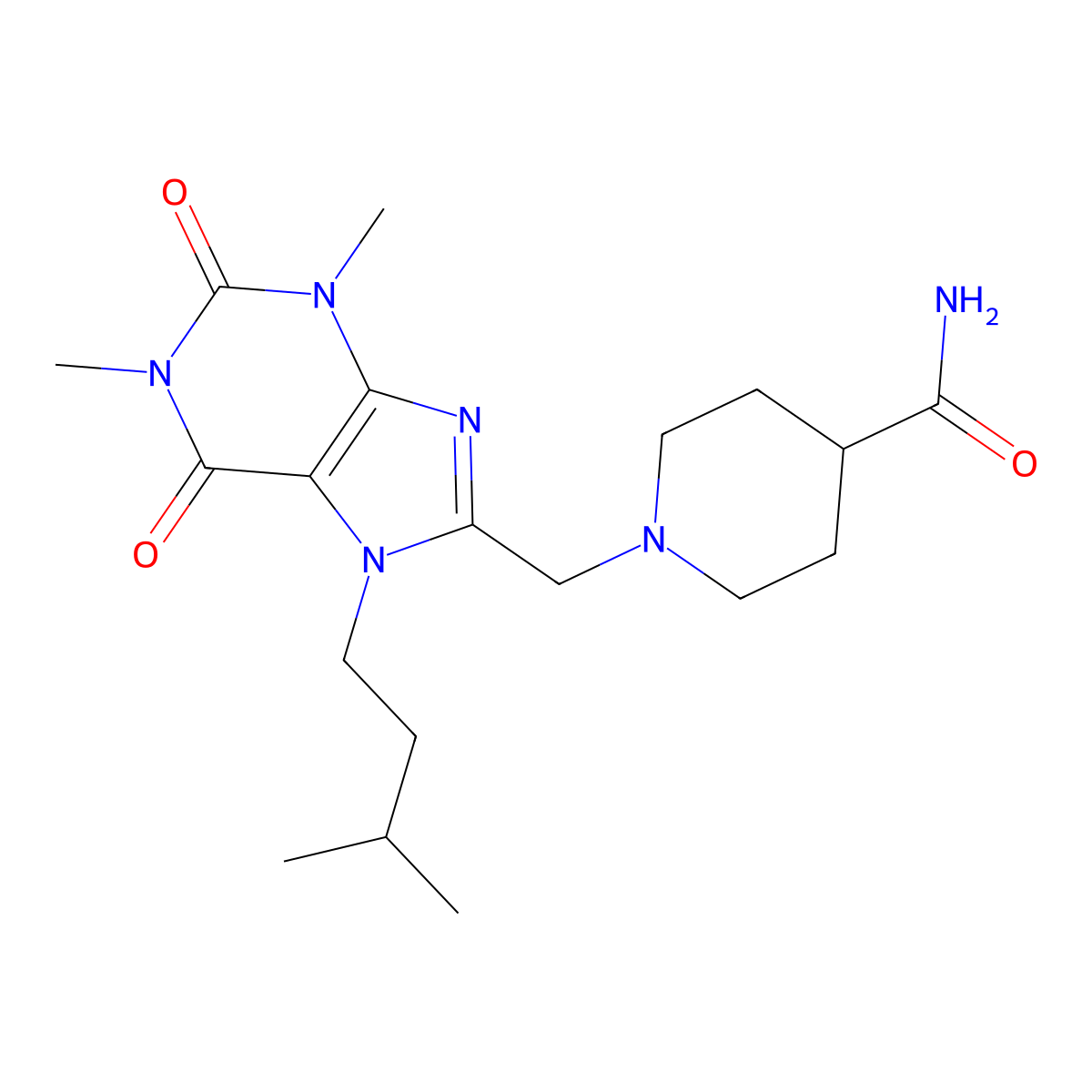 1-{[1,3-dimethyl-7-(3-methylbutyl)-2,6-dioxo-2,3,6,7-tetrahydro-1H-purin-8-yl]methyl}piperidine-4-carboxamide molecular structure, CAS 851941-76-9