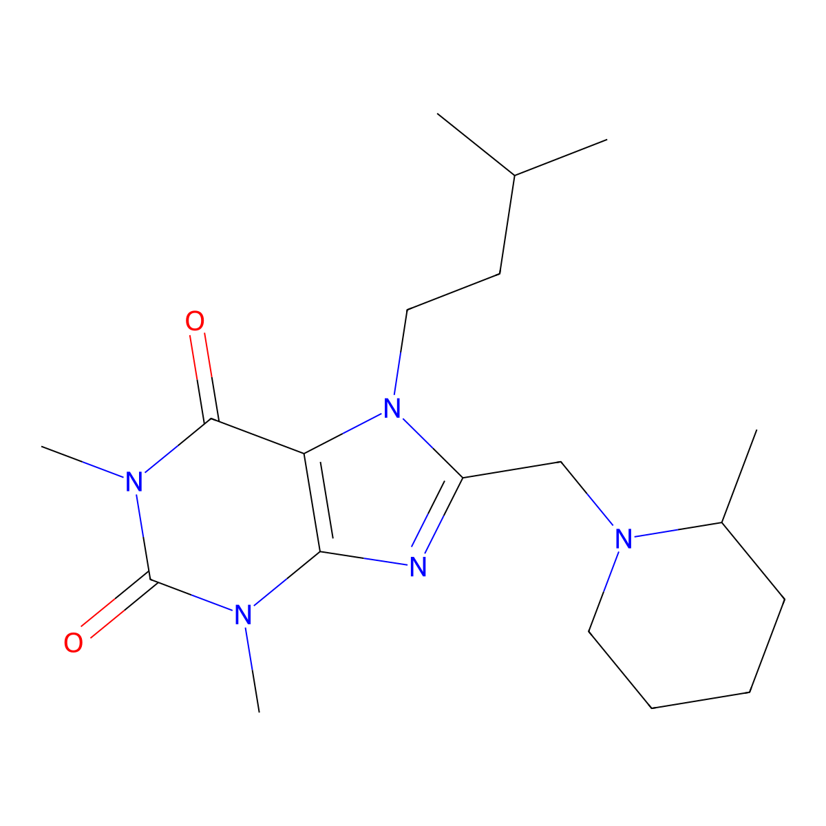 1,3-dimethyl-7-(3-methylbutyl)-8-[(2-methylpiperidin-1-yl)methyl]-3,7-dihydro-1H-purine-2,6-dione molecular structure, CAS 851941-77-0