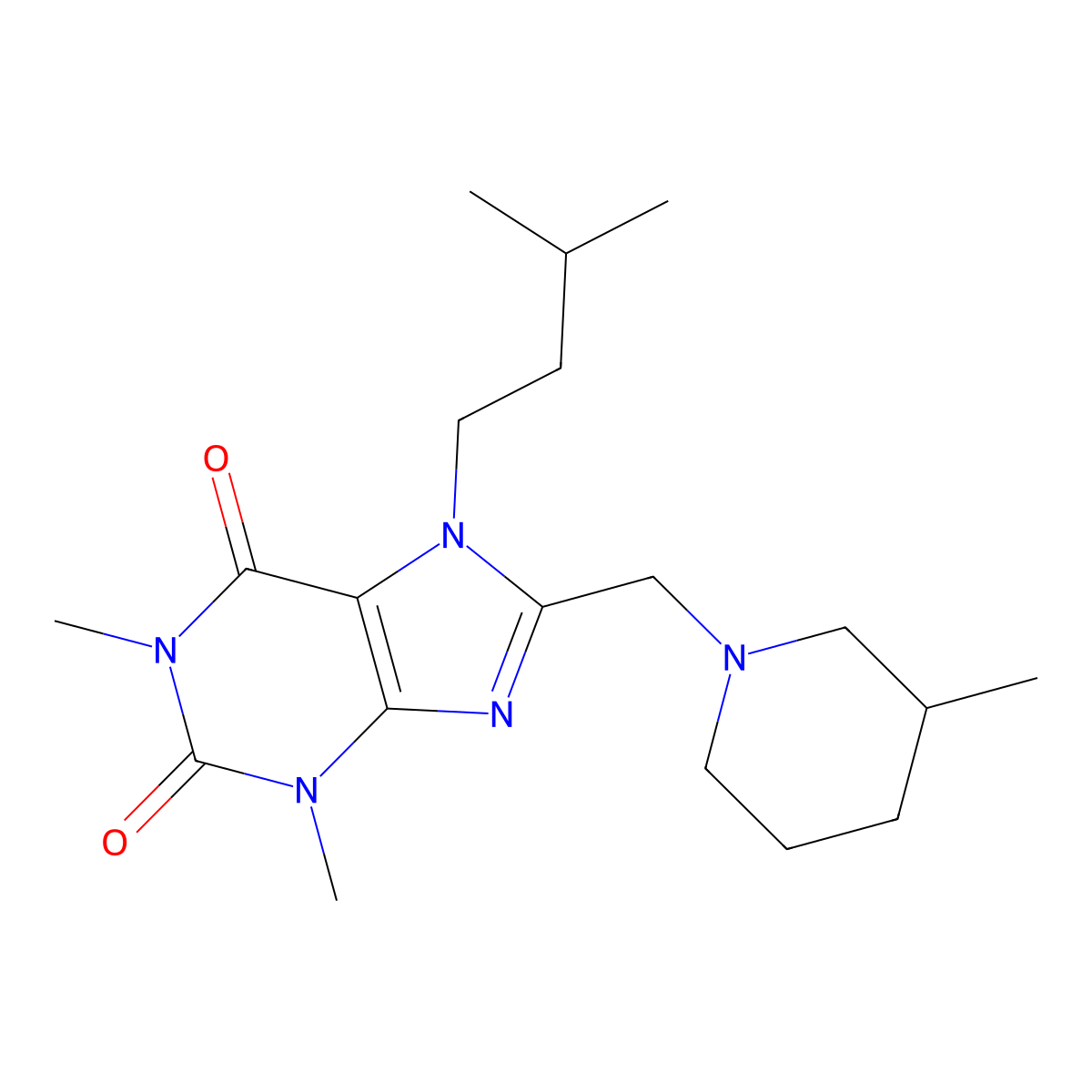 1,3-dimethyl-7-(3-methylbutyl)-8-[(3-methylpiperidin-1-yl)methyl]-3,7-dihydro-1H-purine-2,6-dione molecular structure, CAS 851941-78-1