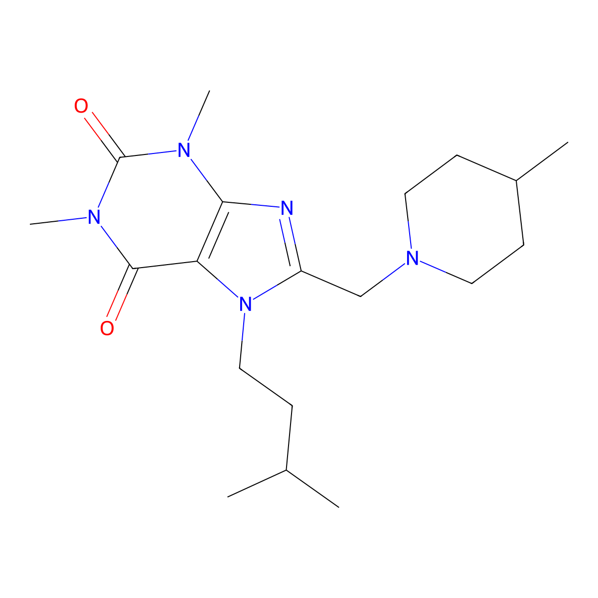 1,3-dimethyl-7-(3-methylbutyl)-8-[(4-methylpiperidin-1-yl)methyl]-3,7-dihydro-1H-purine-2,6-dione molecular structure, CAS 851941-79-2