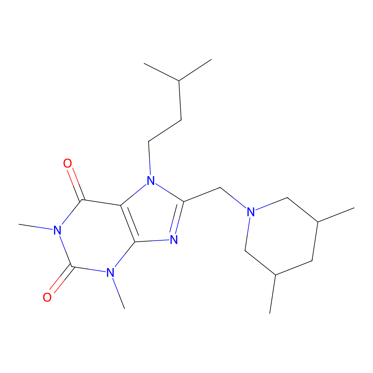 8-[(3,5-Dimethylpiperidin-1-yl)methyl]-1,3-dimethyl-7-(3-methylbutyl)purine-2,6-dione molecular structure, CAS 851941-81-6