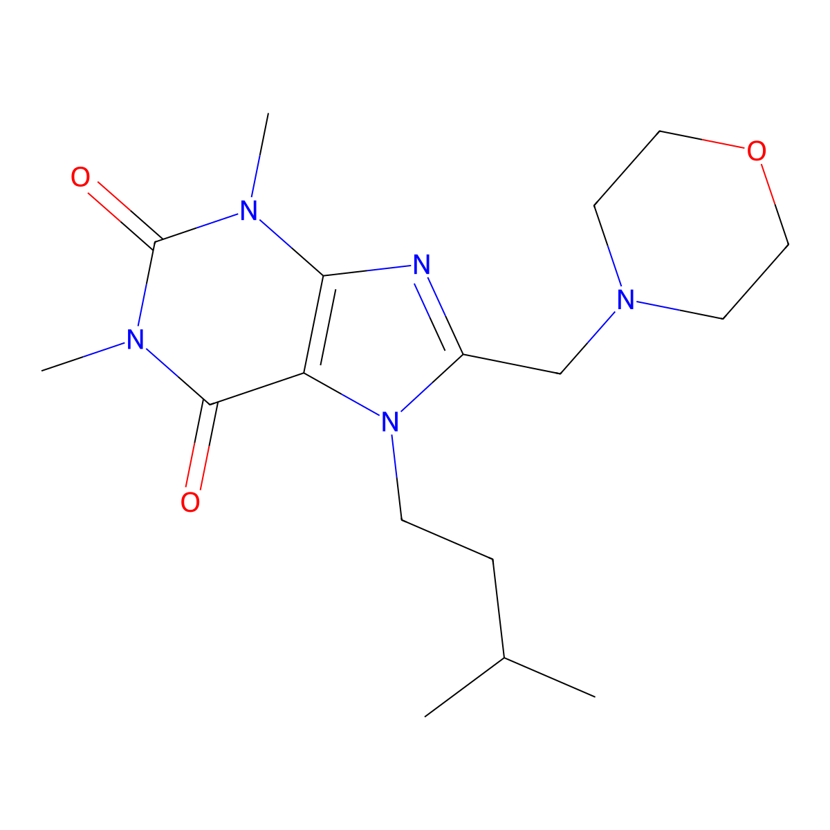 1,3-dimethyl-7-(3-methylbutyl)-8-(morpholin-4-ylmethyl)-3,7-dihydro-1H-purine-2,6-dione molecular structure, CAS 851941-82-7