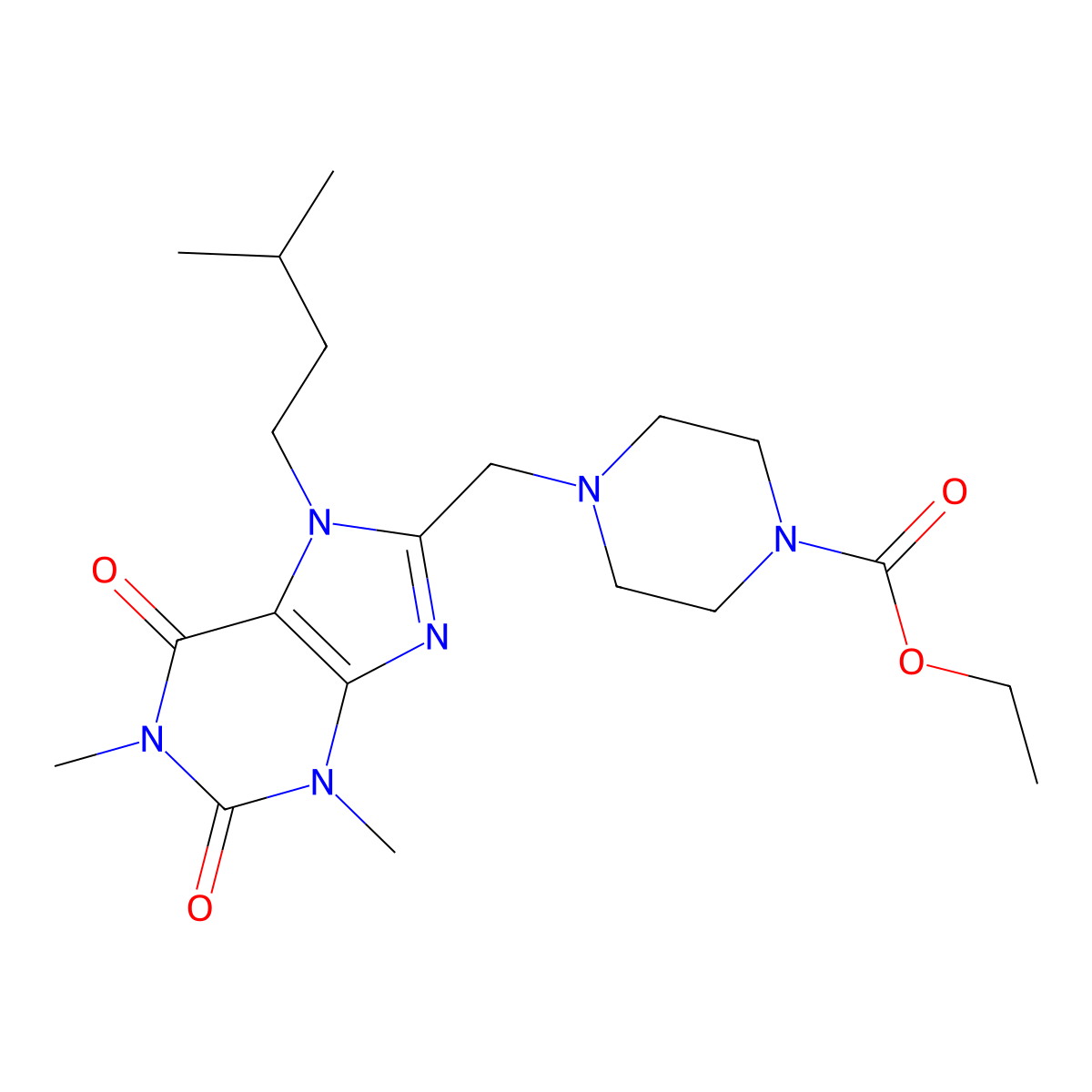 ethyl 4-{[1,3-dimethyl-7-(3-methylbutyl)-2,6-dioxo-2,3,6,7-tetrahydro-1H-purin-8-yl]methyl}piperazine-1-carboxylate molecular structure, CAS 851941-87-2