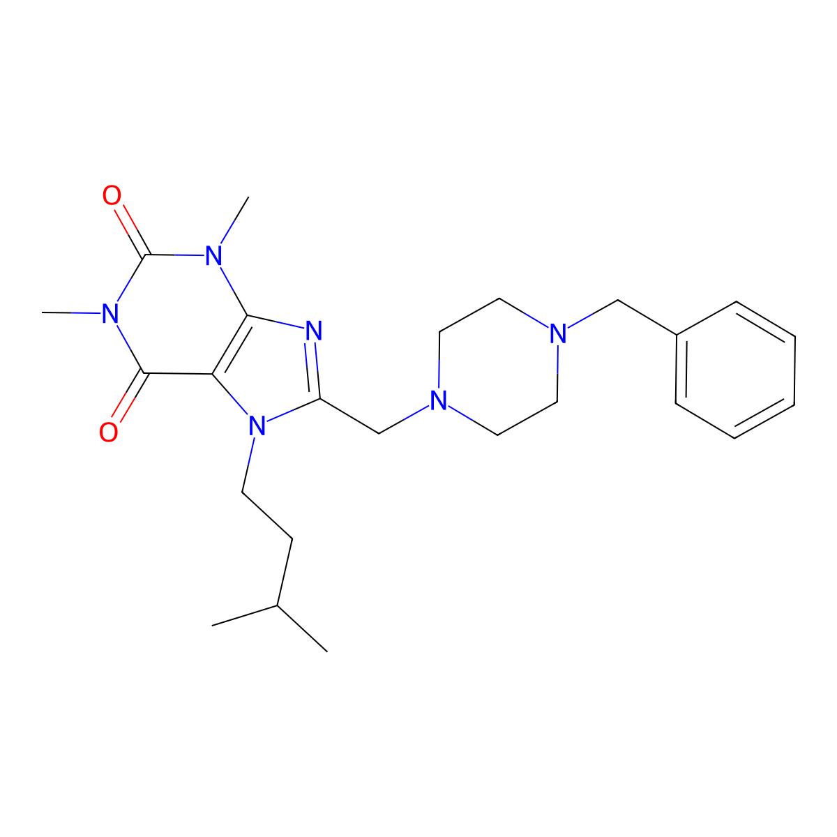 8-[(4-Benzylpiperazin-1-yl)methyl]-1,3-dimethyl-7-(3-methylbutyl)purine-2,6-dione molecular structure, CAS 851941-88-3