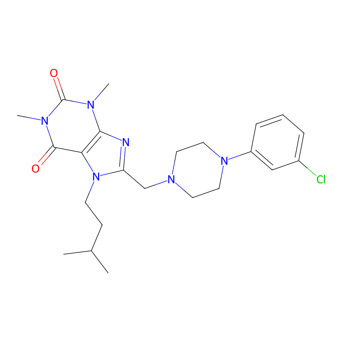 8-[[4-(3-Chlorophenyl)piperazin-1-yl]methyl]-1,3-dimethyl-7-(3-methylbutyl)purine-2,6-dione molecular structure, CAS 851941-89-4