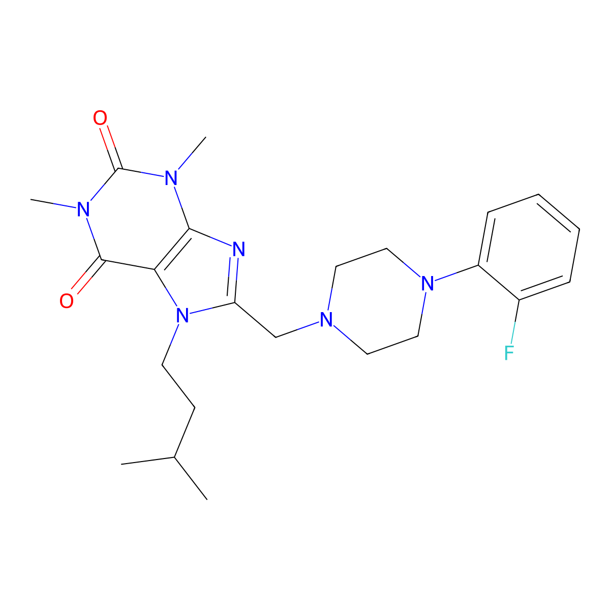8-[[4-(2-Fluorophenyl)piperazin-1-yl]methyl]-1,3-dimethyl-7-(3-methylbutyl)purine-2,6-dione molecular structure, CAS 851941-90-7