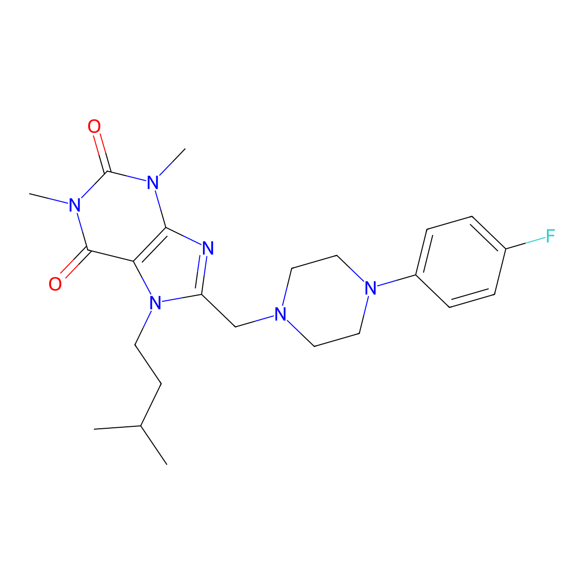 8-[[4-(4-Fluorophenyl)piperazin-1-yl]methyl]-1,3-dimethyl-7-(3-methylbutyl)purine-2,6-dione molecular structure, CAS 851941-91-8