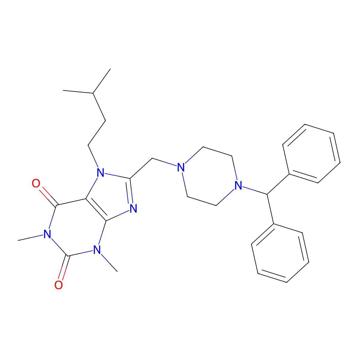 8-[(4-Benzhydrylpiperazin-1-yl)methyl]-1,3-dimethyl-7-(3-methylbutyl)purine-2,6-dione molecular structure, CAS 851941-93-0