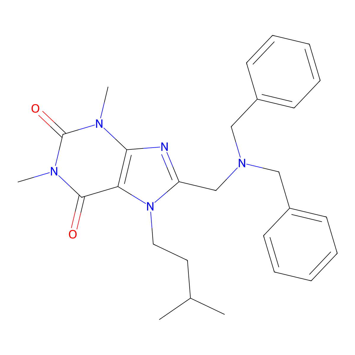 8-[(Dibenzylamino)methyl]-1,3-dimethyl-7-(3-methylbutyl)purine-2,6-dione molecular structure, CAS 851941-96-3