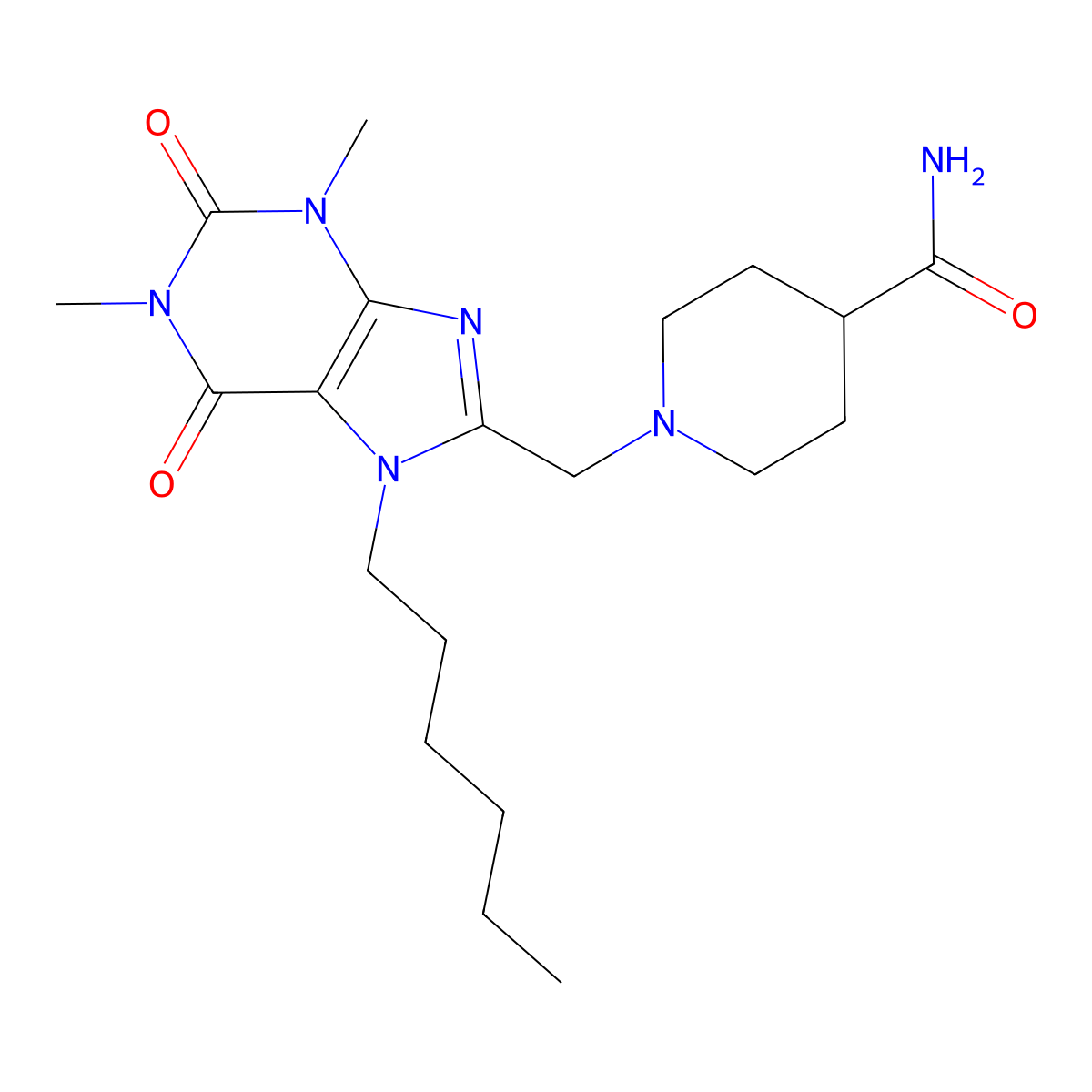 1-[(7-hexyl-1,3-dimethyl-2,6-dioxo-2,3,6,7-tetrahydro-1H-purin-8-yl)methyl]piperidine-4-carboxamide molecular structure, CAS 851941-97-4