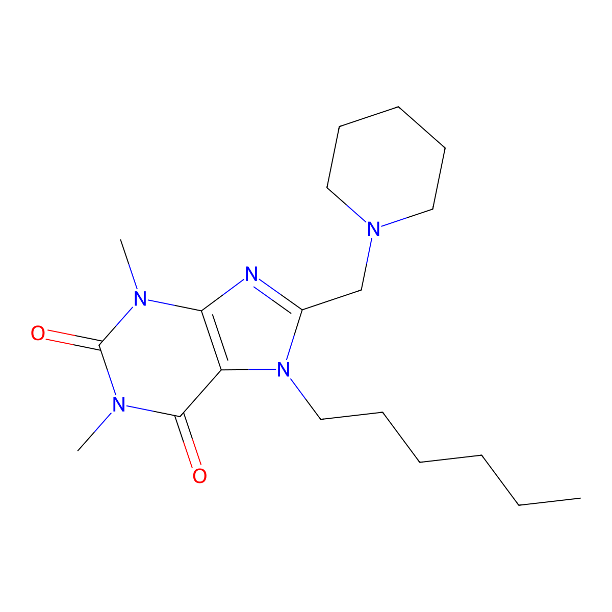 7-Hexyl-1,3-dimethyl-8-(piperidin-1-ylmethyl)purine-2,6-dione molecular structure, CAS 851941-98-5