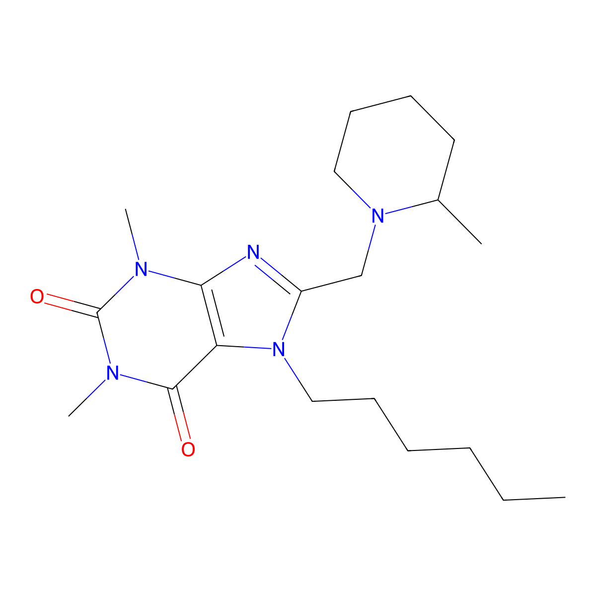 7-Hexyl-1,3-dimethyl-8-[(2-methylpiperidin-1-yl)methyl]purine-2,6-dione molecular structure, CAS 851941-99-6