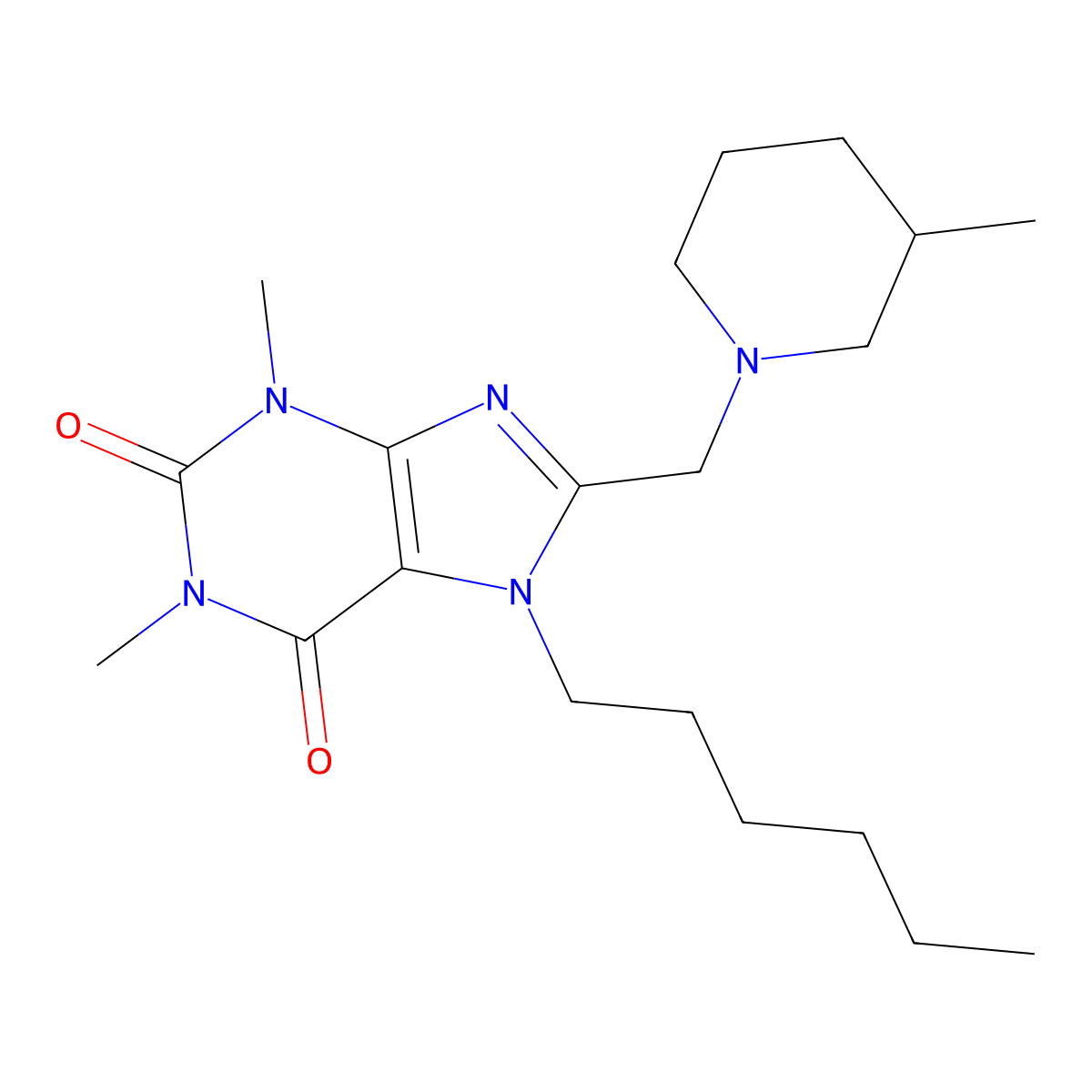 7-hexyl-1,3-dimethyl-8-[(3-methylpiperidin-1-yl)methyl]-3,7-dihydro-1H-purine-2,6-dione molecular structure, CAS 851942-00-2
