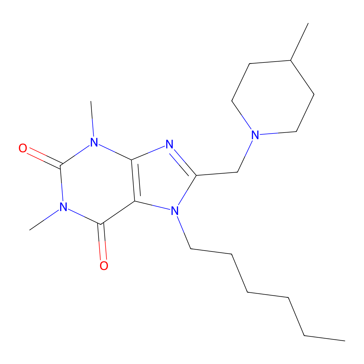 7-Hexyl-1,3-dimethyl-8-[(4-methylpiperidin-1-yl)methyl]purine-2,6-dione molecular structure, CAS 851942-01-3