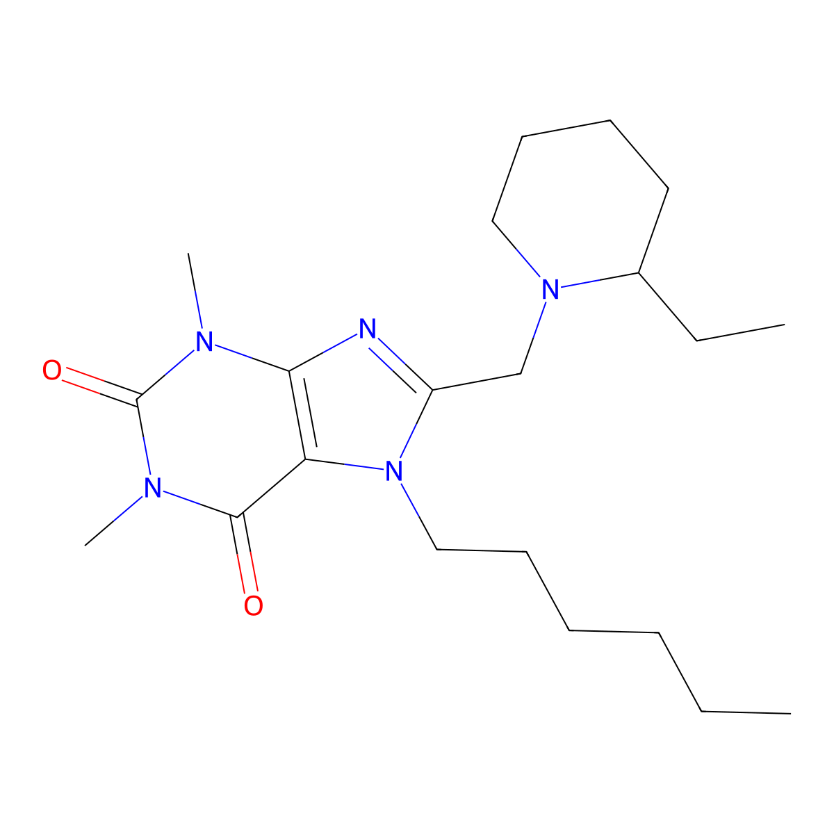 8-[(2-ethylpiperidin-1-yl)methyl]-7-hexyl-1,3-dimethyl-2,3,6,7-tetrahydro-1H-purine-2,6-dione molecular structure, CAS 851942-02-4