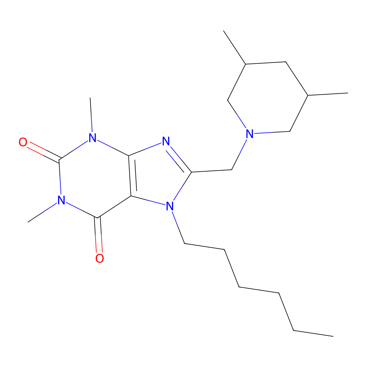 8-[(3,5-dimethylpiperidin-1-yl)methyl]-7-hexyl-1,3-dimethyl-2,3,6,7-tetrahydro-1H-purine-2,6-dione molecular structure, CAS 851942-03-5