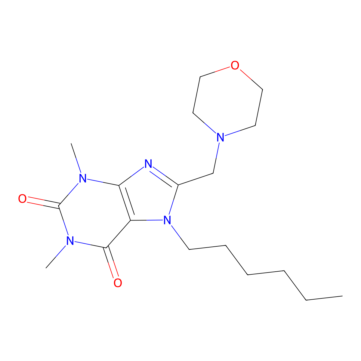 7-Hexyl-1,3-dimethyl-8-(morpholin-4-ylmethyl)purine-2,6-dione molecular structure, CAS 851942-04-6