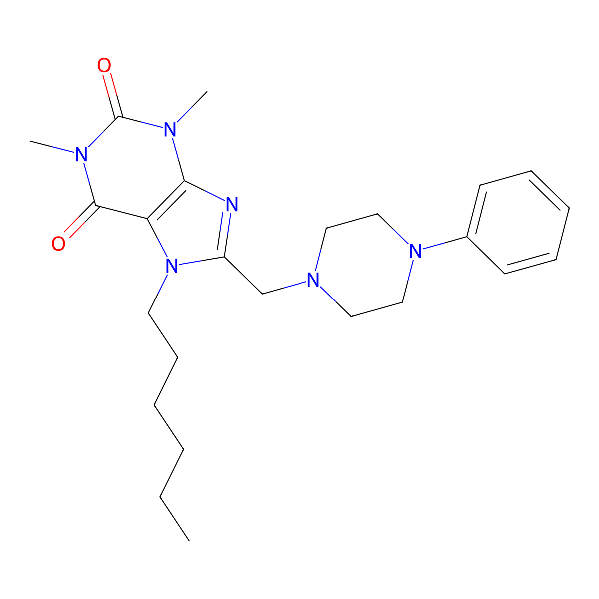 7-Hexyl-1,3-dimethyl-8-[(4-phenylpiperazin-1-yl)methyl]purine-2,6-dione molecular structure, CAS 851942-08-0
