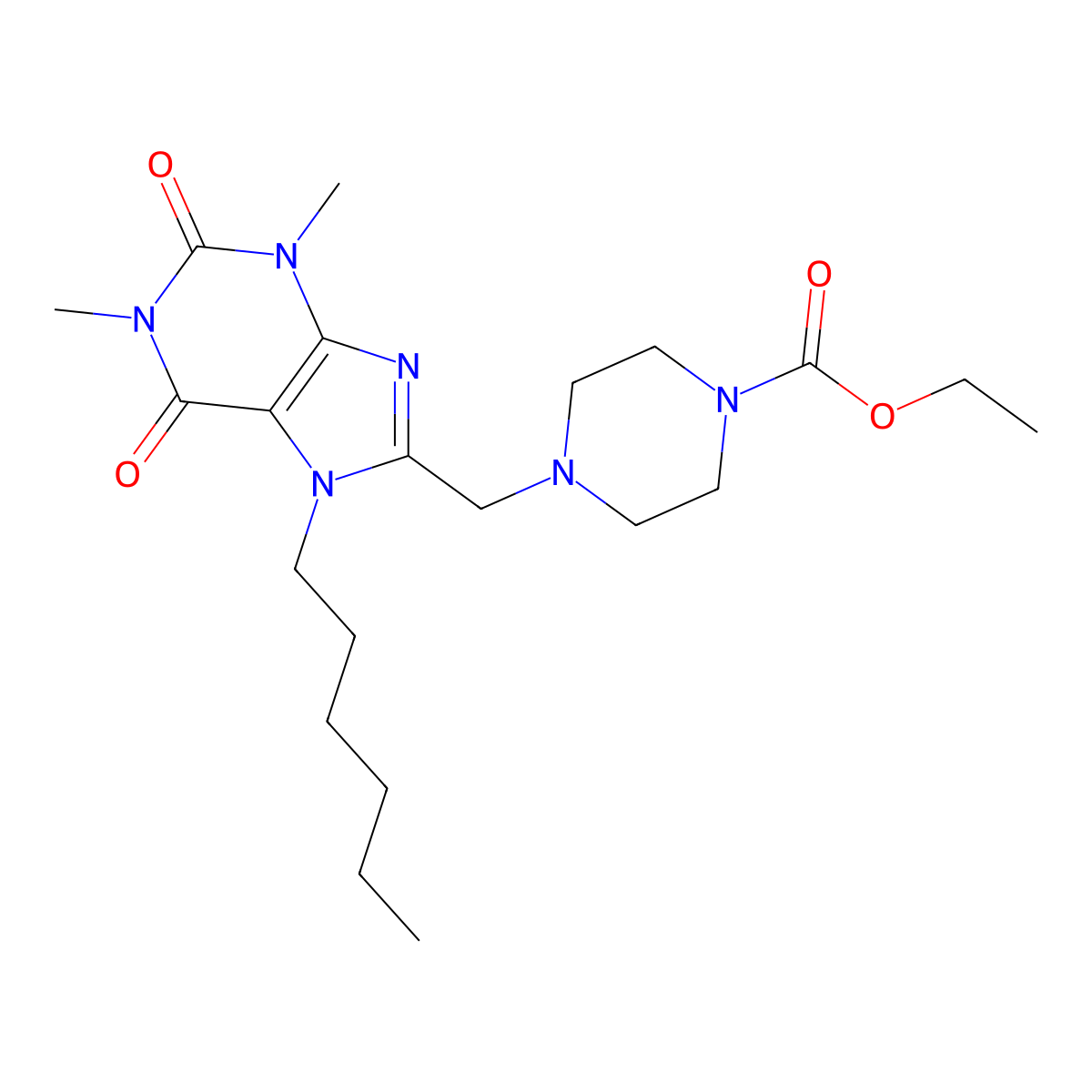 ethyl 4-[(7-hexyl-1,3-dimethyl-2,6-dioxo-2,3,6,7-tetrahydro-1H-purin-8-yl)methyl]piperazine-1-carboxylate molecular structure, CAS 851942-10-4