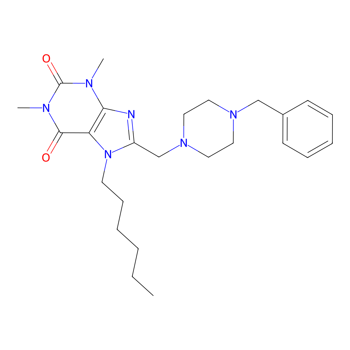 8-[(4-Benzylpiperazin-1-yl)methyl]-7-hexyl-1,3-dimethylpurine-2,6-dione molecular structure, CAS 851942-11-5