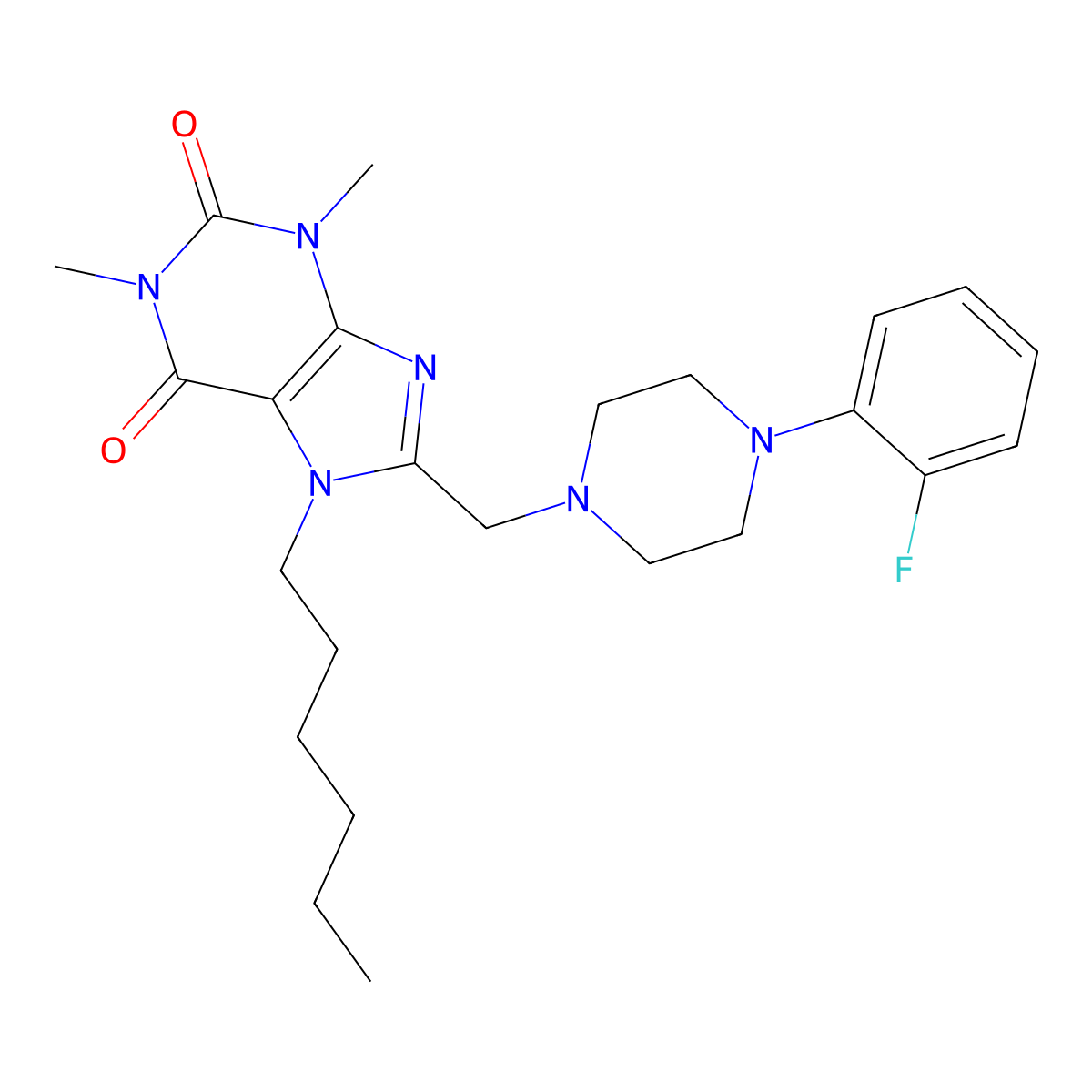8-[[4-(2-Fluorophenyl)piperazin-1-yl]methyl]-7-hexyl-1,3-dimethylpurine-2,6-dione molecular structure, CAS 851942-12-6
