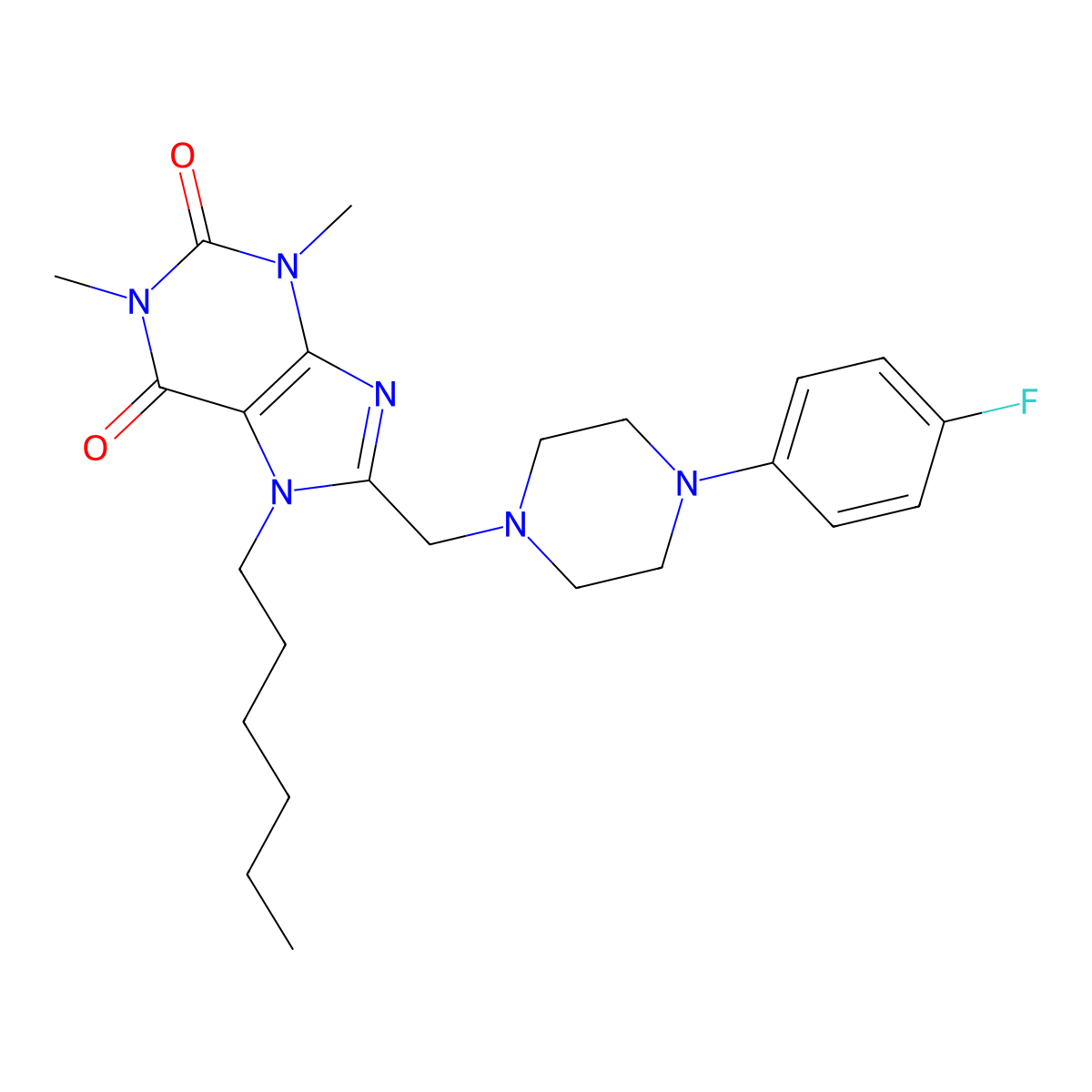 8-[[4-(4-Fluorophenyl)piperazin-1-yl]methyl]-7-hexyl-1,3-dimethylpurine-2,6-dione molecular structure, CAS 851942-13-7