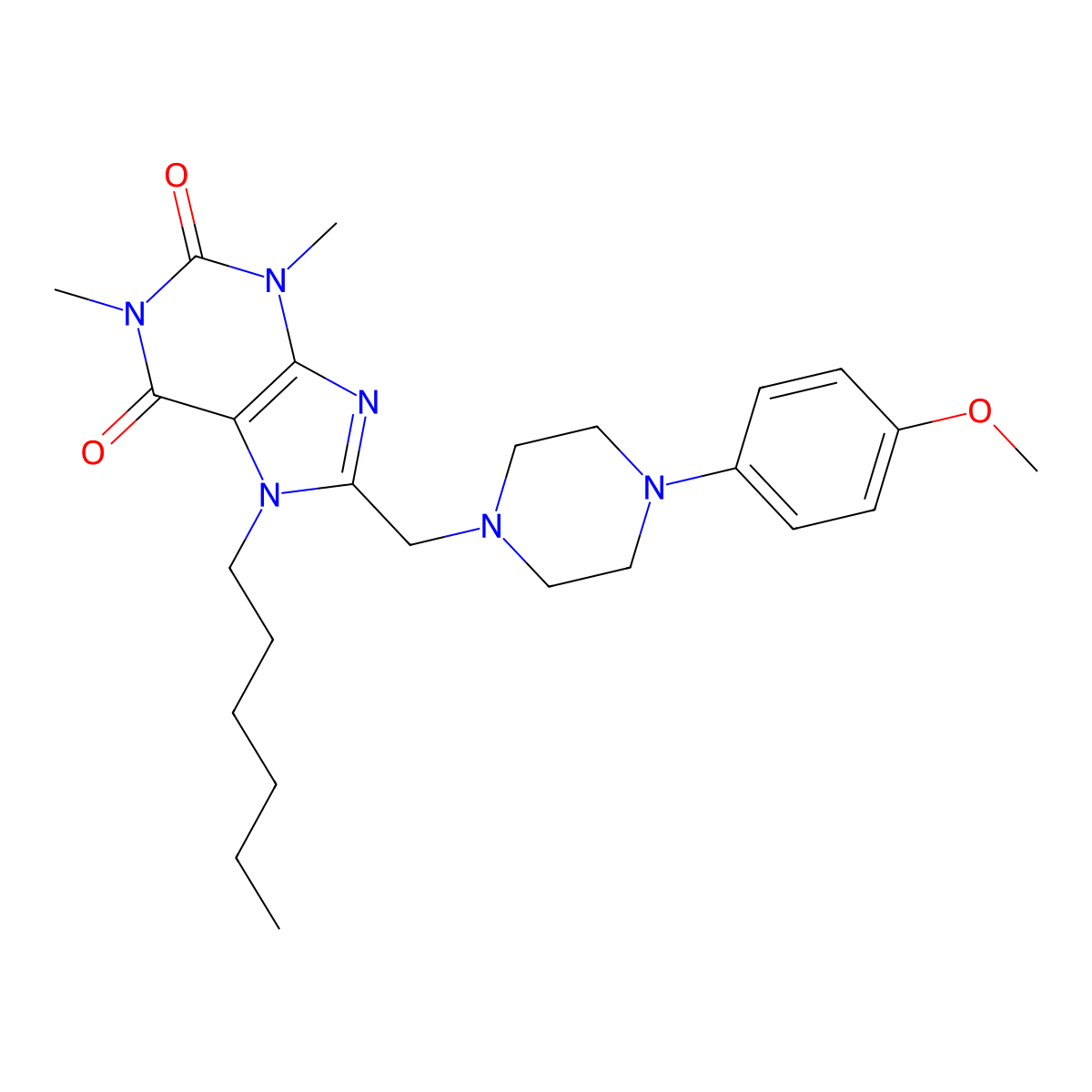 7-Hexyl-8-[[4-(4-methoxyphenyl)piperazin-1-yl]methyl]-1,3-dimethylpurine-2,6-dione molecular structure, CAS 851942-14-8