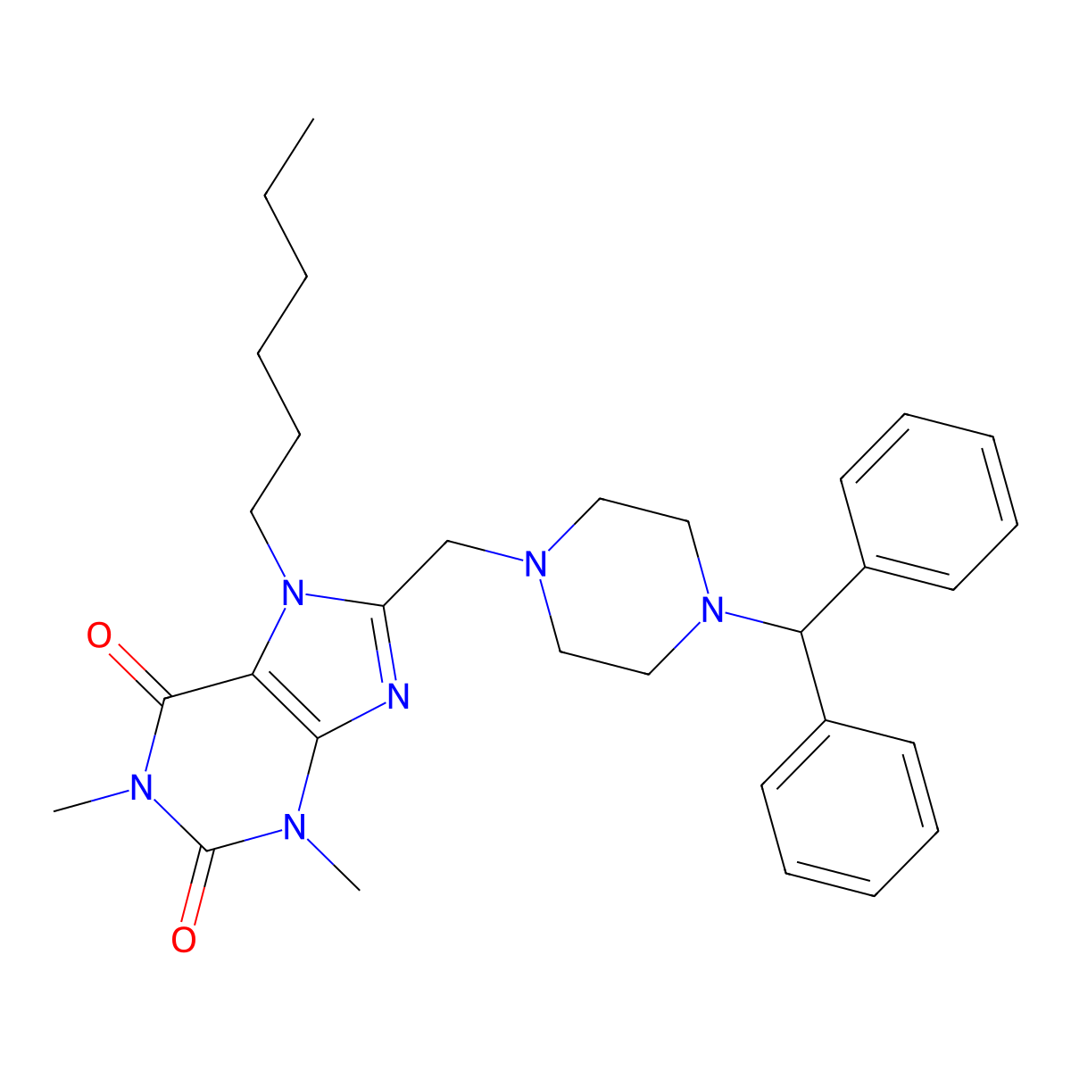 8-[(4-Benzhydrylpiperazin-1-yl)methyl]-7-hexyl-1,3-dimethylpurine-2,6-dione molecular structure, CAS 851942-15-9